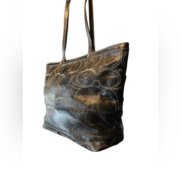 Coach Signature Stripe Stitched Black Leather Tote Bag - Picture 4 of 8